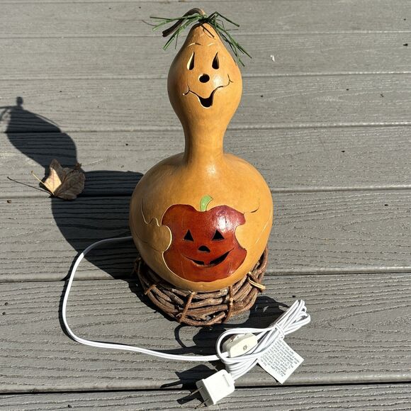 Halloween Gourd Hand Carved Ghost Jack-o-Latern Light - Picture 7 of 16